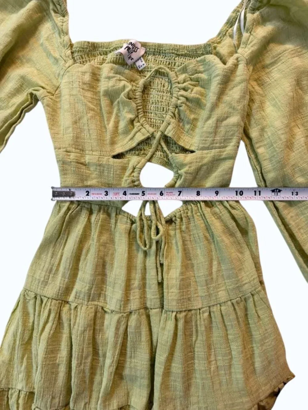 Princess Polly Green Mini Dress Size 8 Cutout Tie Front Long Sleeve Boho